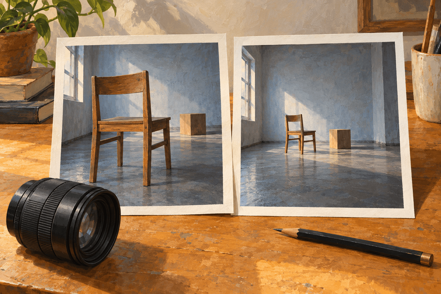 Foto abụọ e chepụtara na-egosi oche na kubu n’ogo dị iche iche, na lens igwefoto nọ na tebụl.