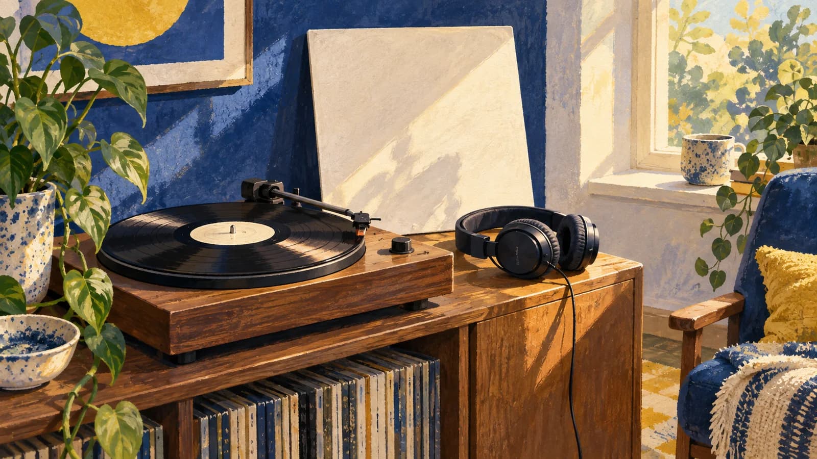 An illustrated record player, headphones and a blank record sleeve in a sunlit listening corner.
