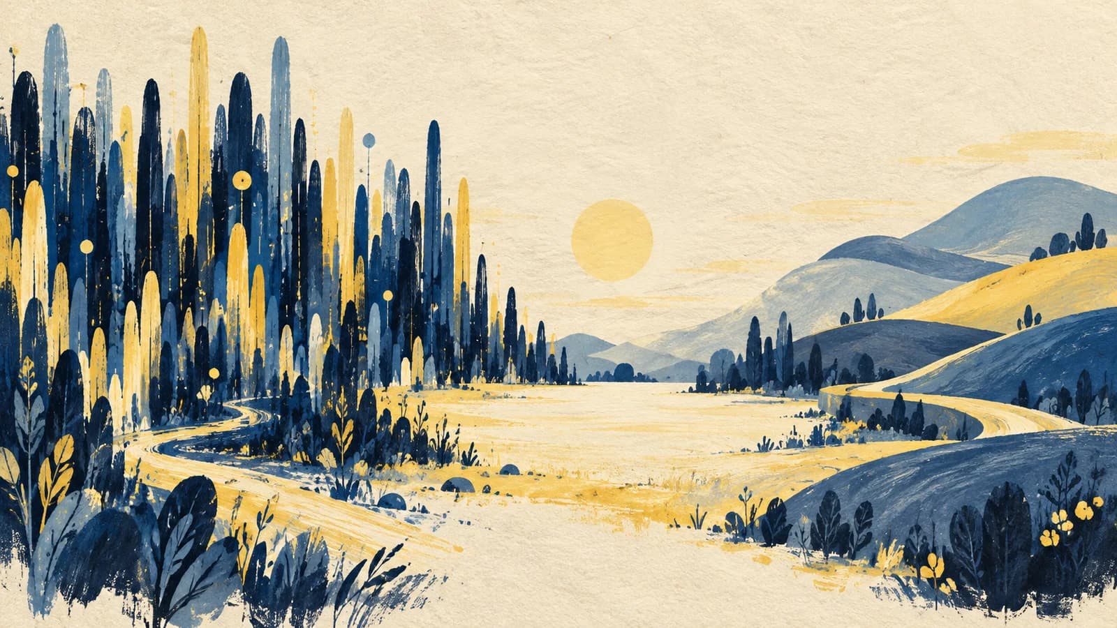Three connected imagined landscapes move from dense shapes to an open clearing and then to layered hills.