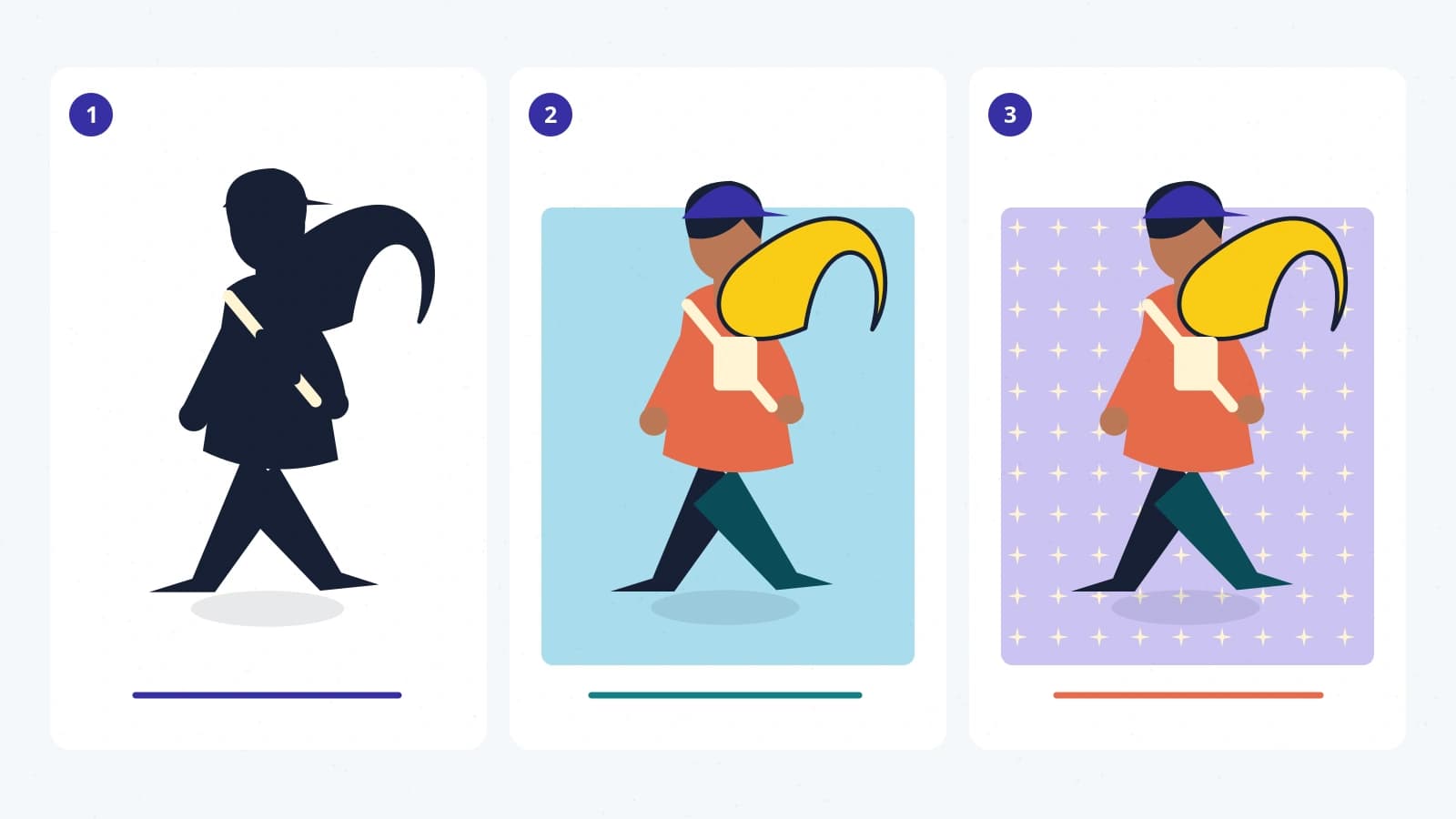 Three views of the courier compare a silhouette with colored figures against plain and patterned backgrounds.