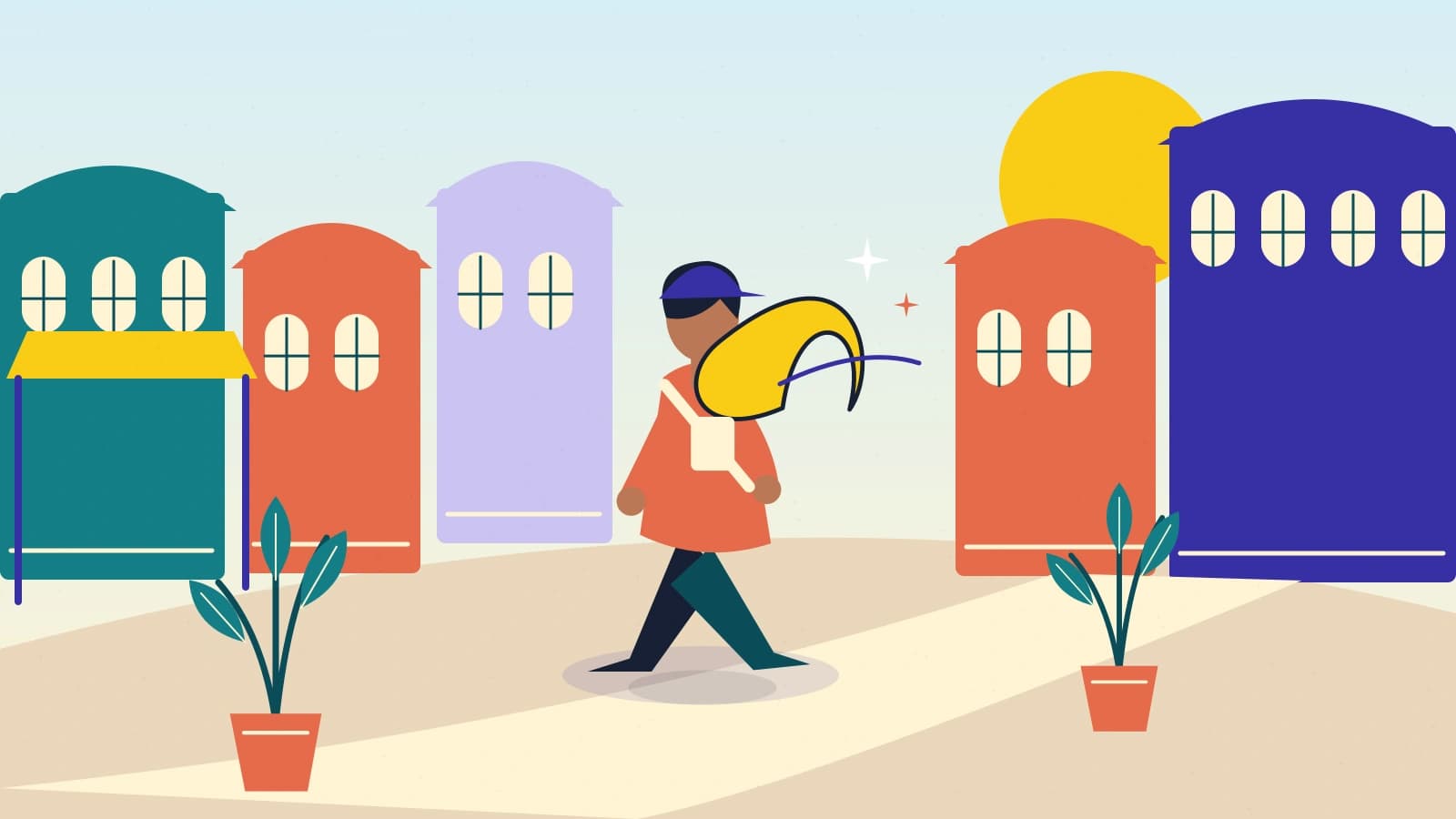 An illustrated courier carries a yellow crescent-shaped parcel through a market of colorful buildings.
