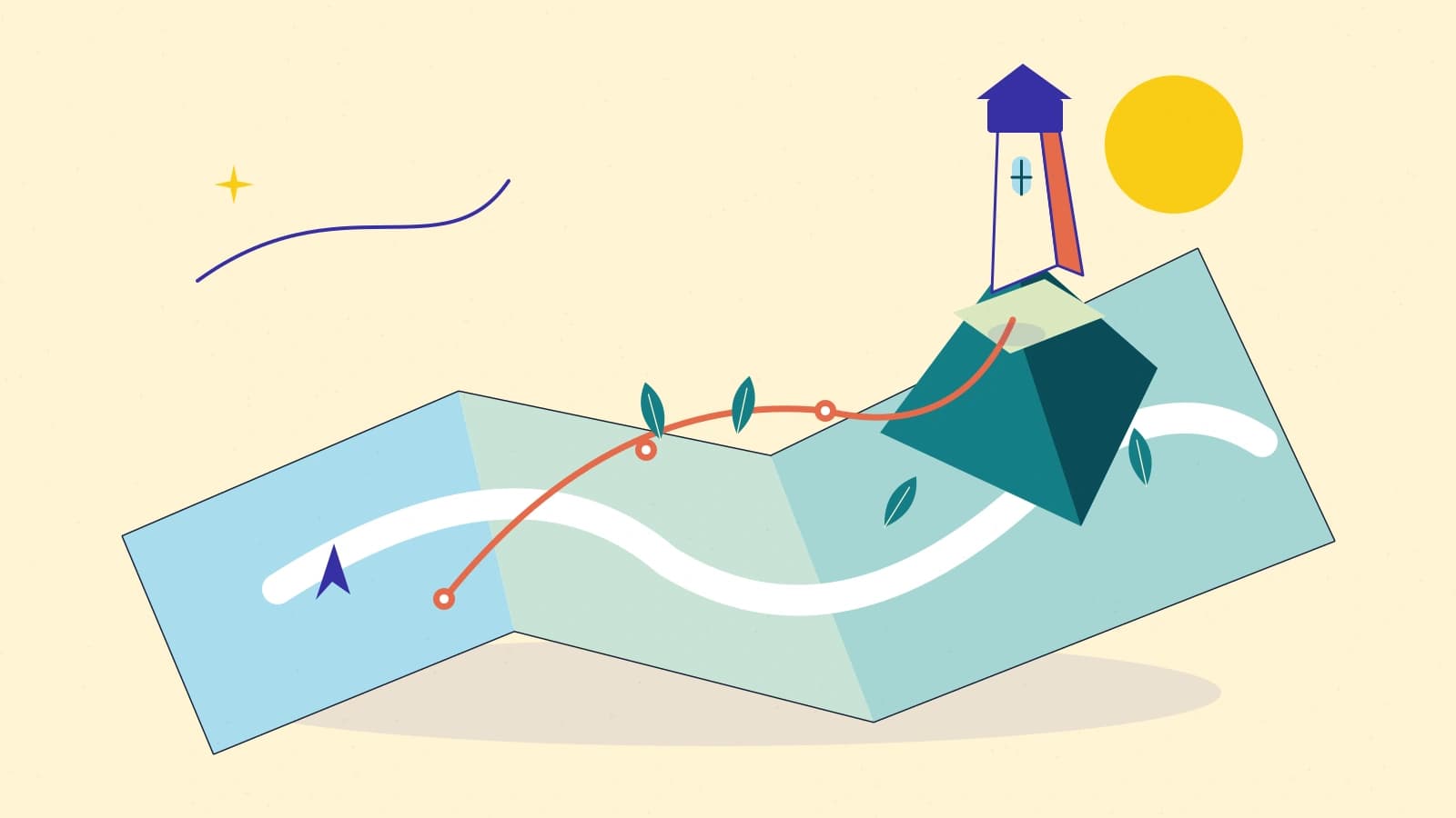 A folded island map shows a position arrow, a winding route and a lighthouse rising above the landscape.