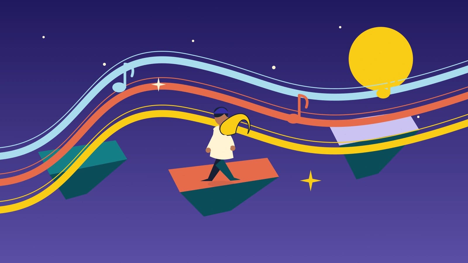 A courier crosses floating platforms beneath flowing colored bands and musical notes in an imagined night sky.