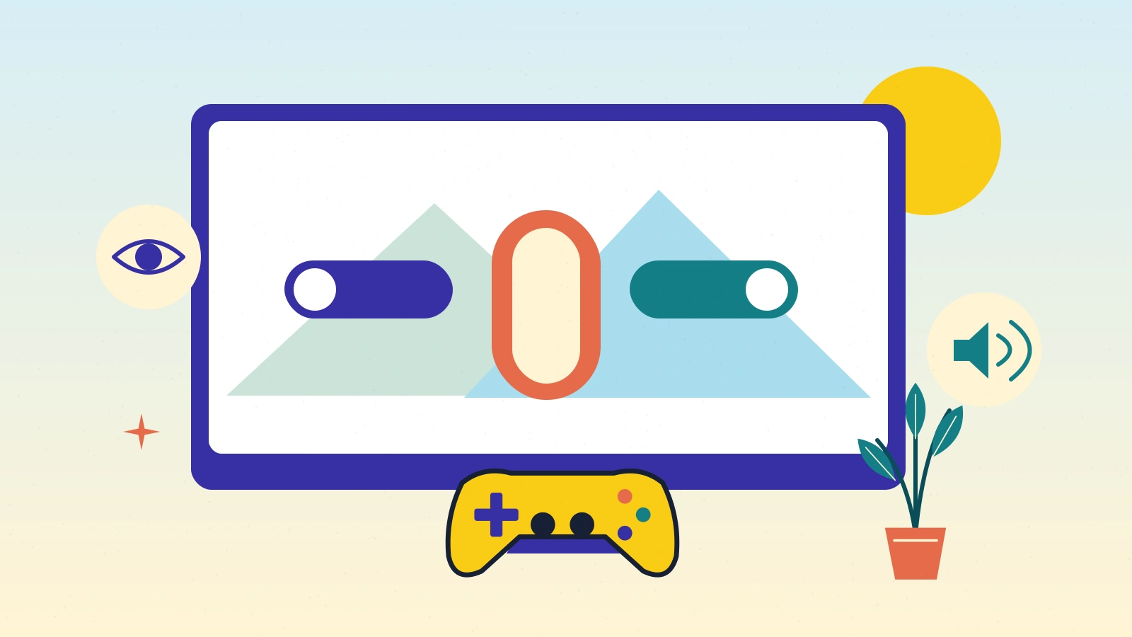 A game screen displays a doorway and toggle controls, with eye and speaker symbols beside it and a controller below.