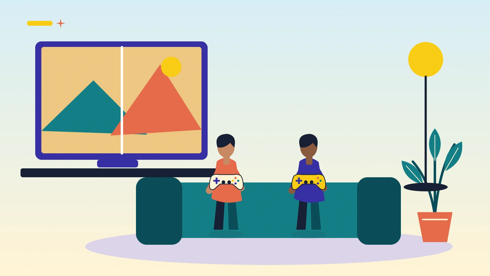 Two people sit on a sofa holding controllers beside a television with a divided game view.
