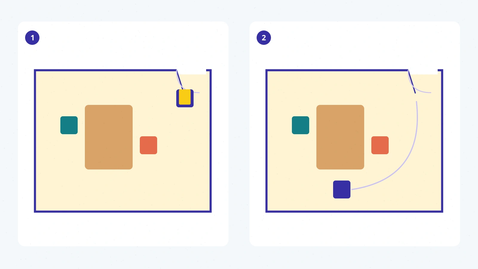 Two overhead room plans move a spare chair from beside the doorway to the table, changing the seating arrangement.