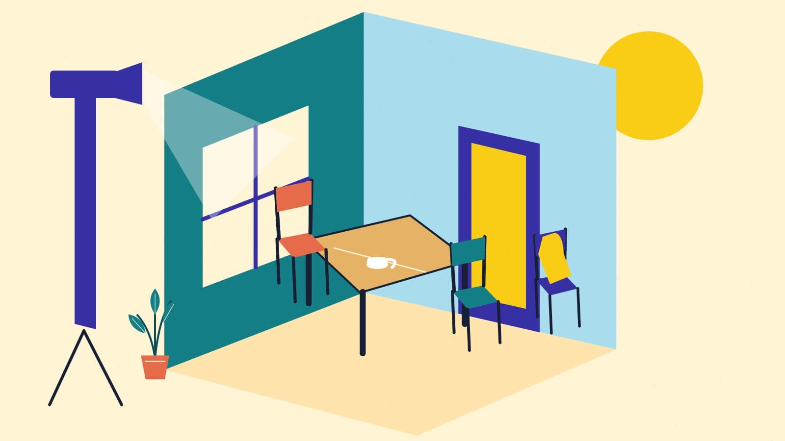 An open-sided room set contains a table, three chairs and a cup, with a coat by the door and a studio light outside.