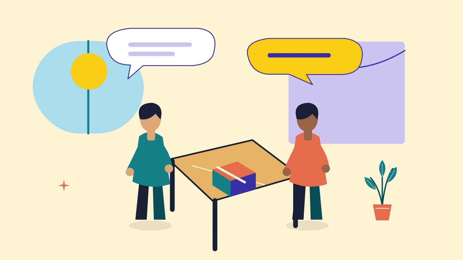 Two illustrated people exchange speech bubbles across a table holding a small parcel.