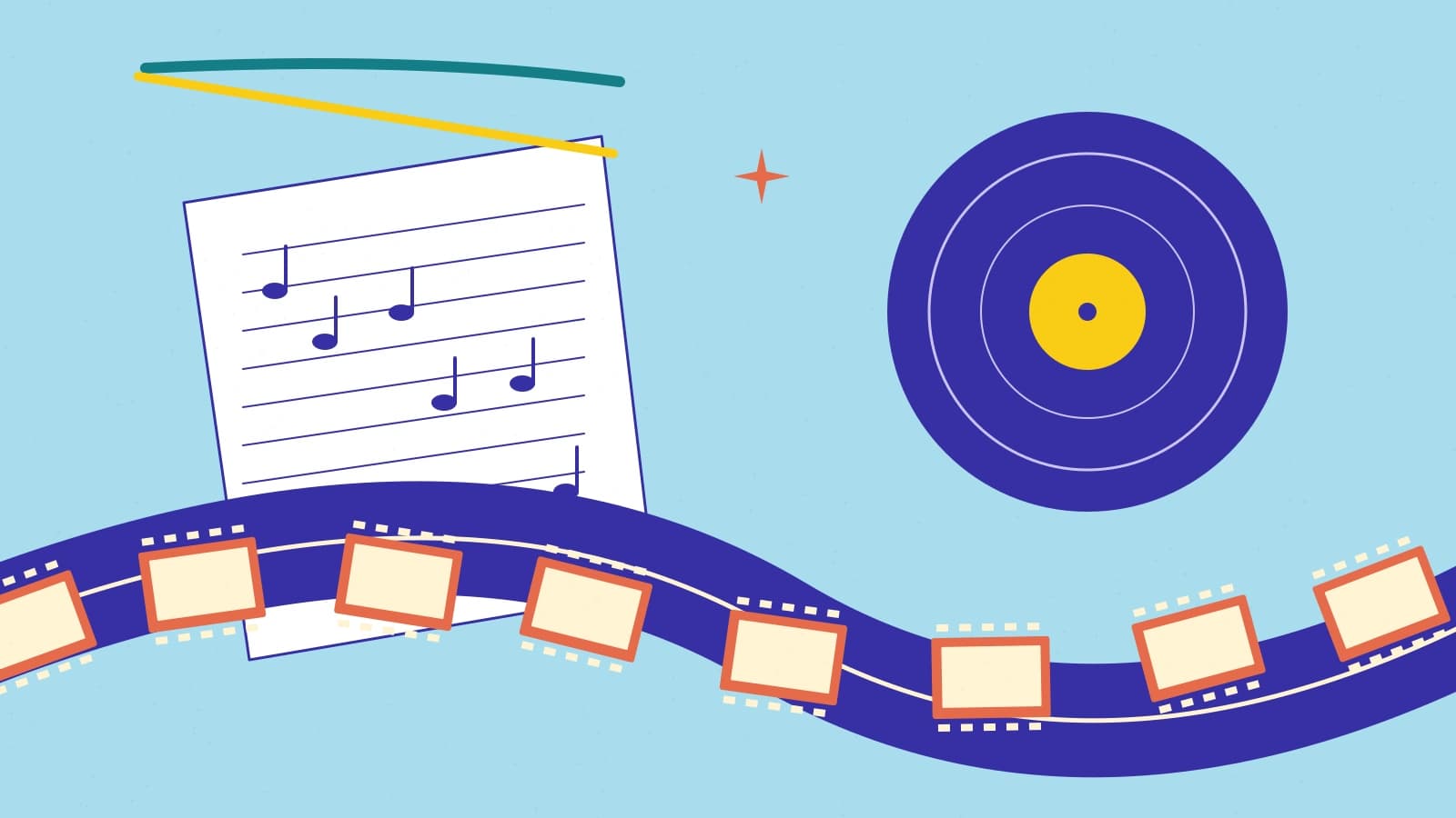 A curving filmstrip passes in front of sheet music beside a record on a blue background.