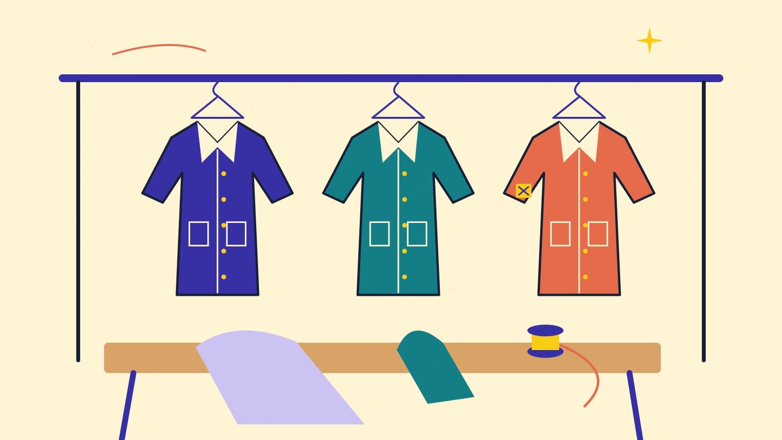 Three collared coats hang above a workbench with fabric swatches and thread; one coat has a stitched sleeve patch.