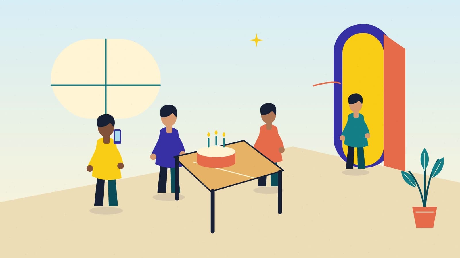 Four illustrated people gather near a table with a birthday cake; one holds a phone and another stands in the doorway.