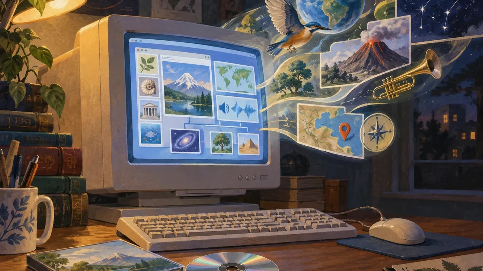 A painterly retro computer desk with a beige CRT, CD-ROM disc and an encyclopedia-like screen linking maps, nature, audio and other subjects.