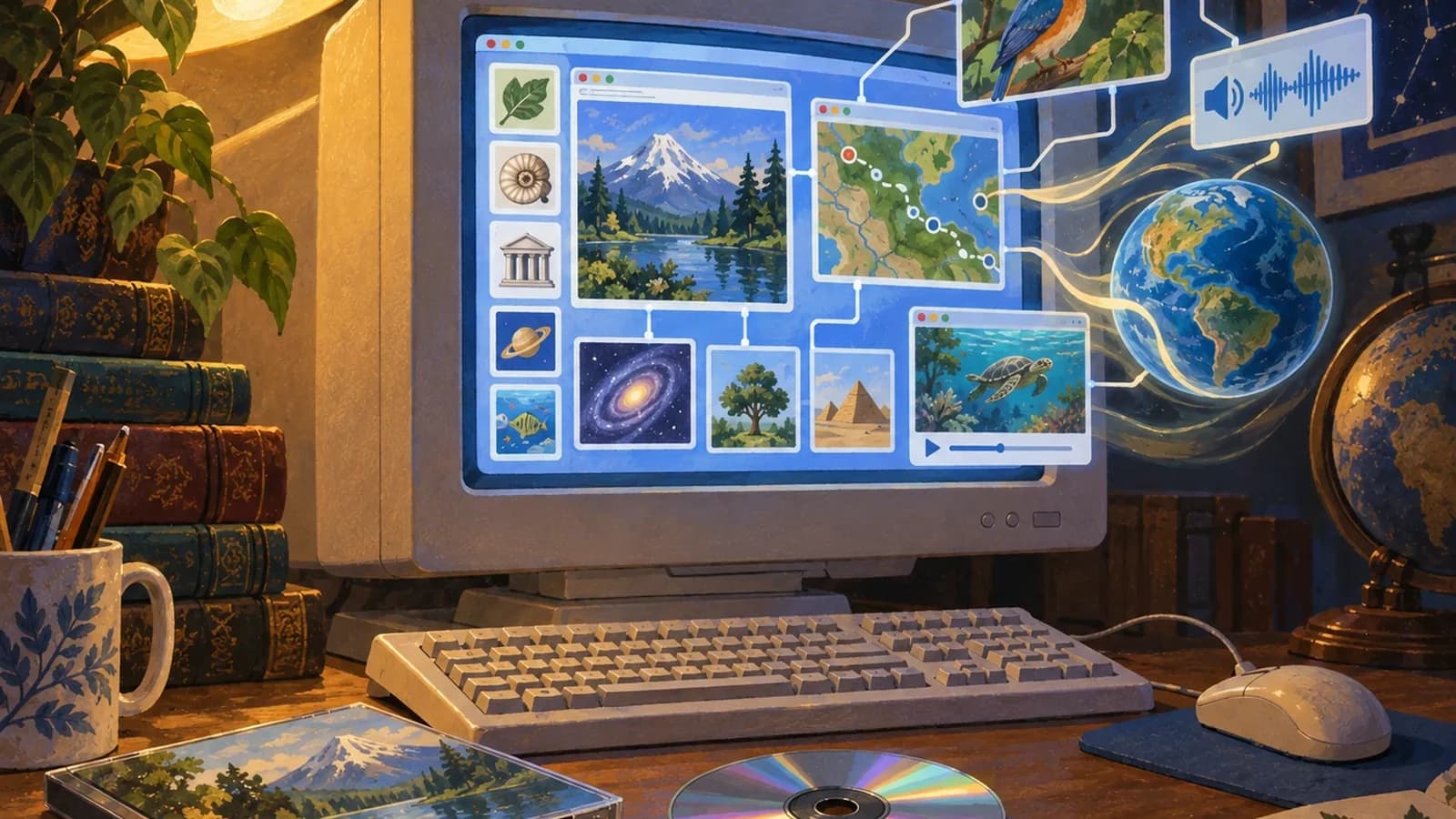 A close view of a beige CRT showing connected encyclopedia panels for a mountain, map, bird, audio and other topics, with a CD-ROM on the desk.