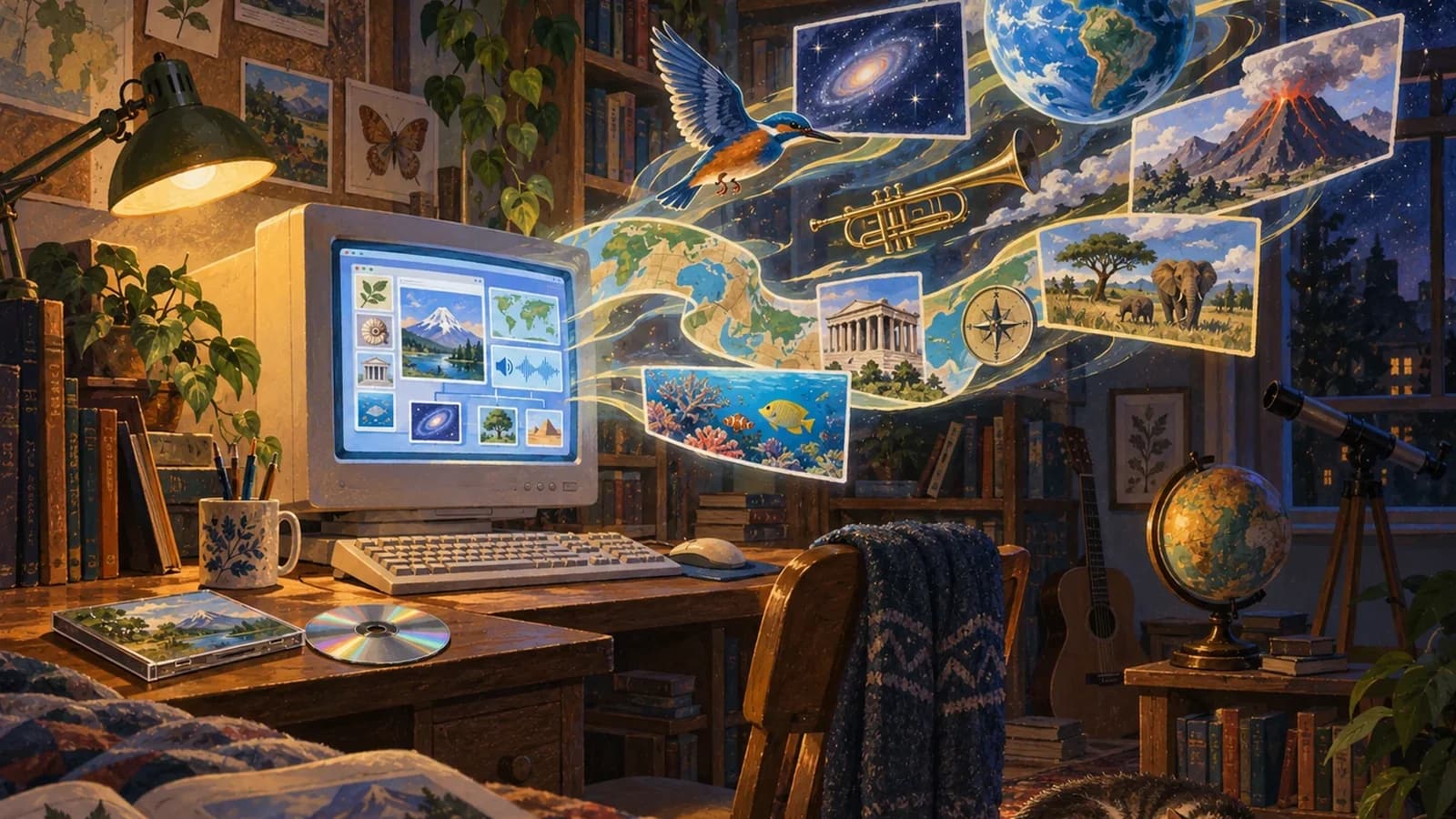 A cozy study with a retro computer and books as maps, wildlife, music, astronomy and other encyclopedia subjects seem to spill into the room.