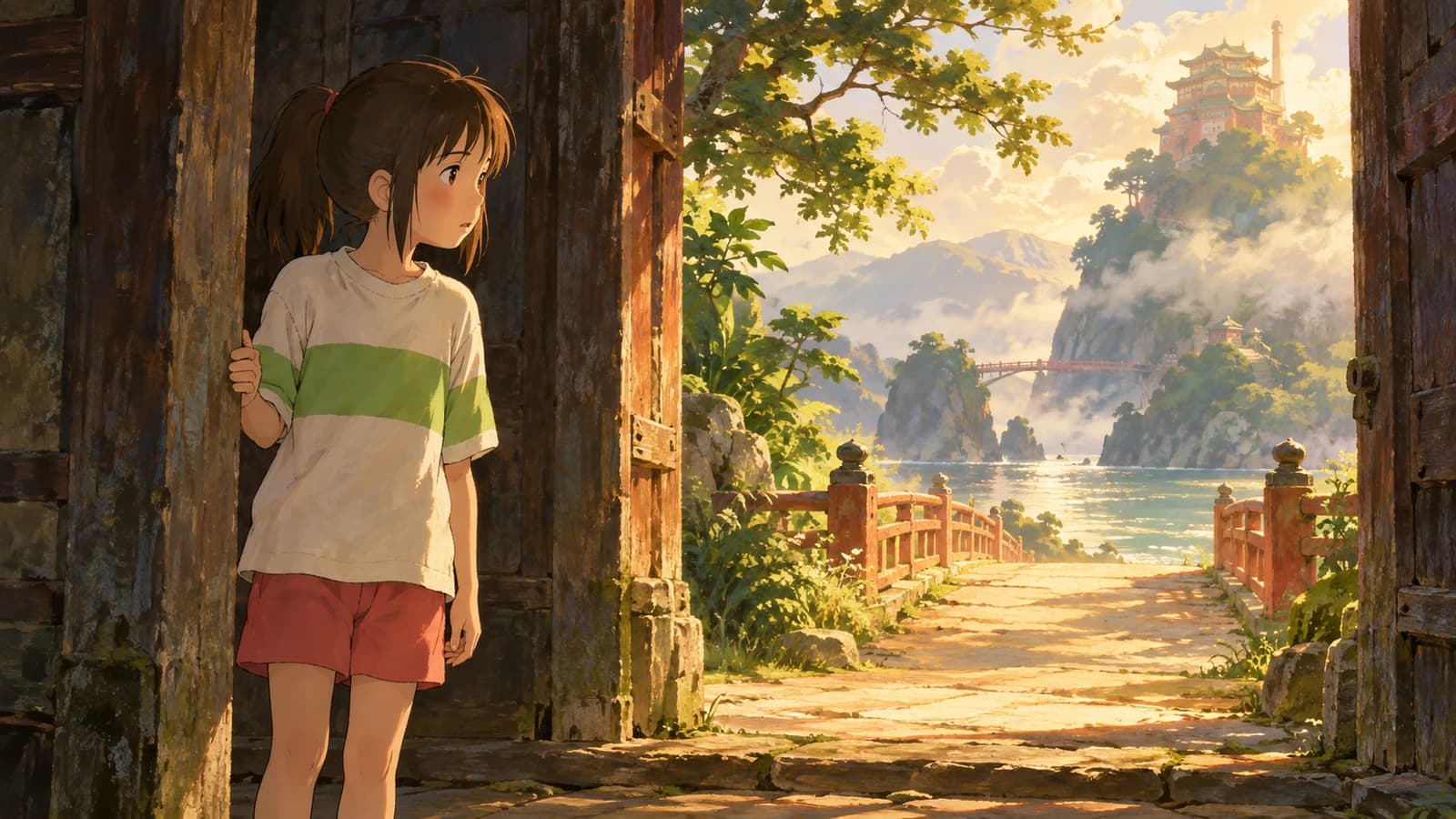 Chihiro stands in a wooden doorway, looking toward a sunlit path and a distant tiered building.