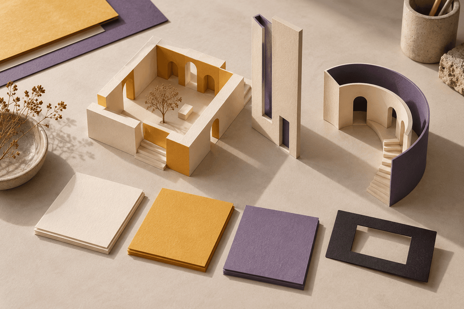 original conceptual illustration of paper models, blank square cards and a viewfinder on a worktable.