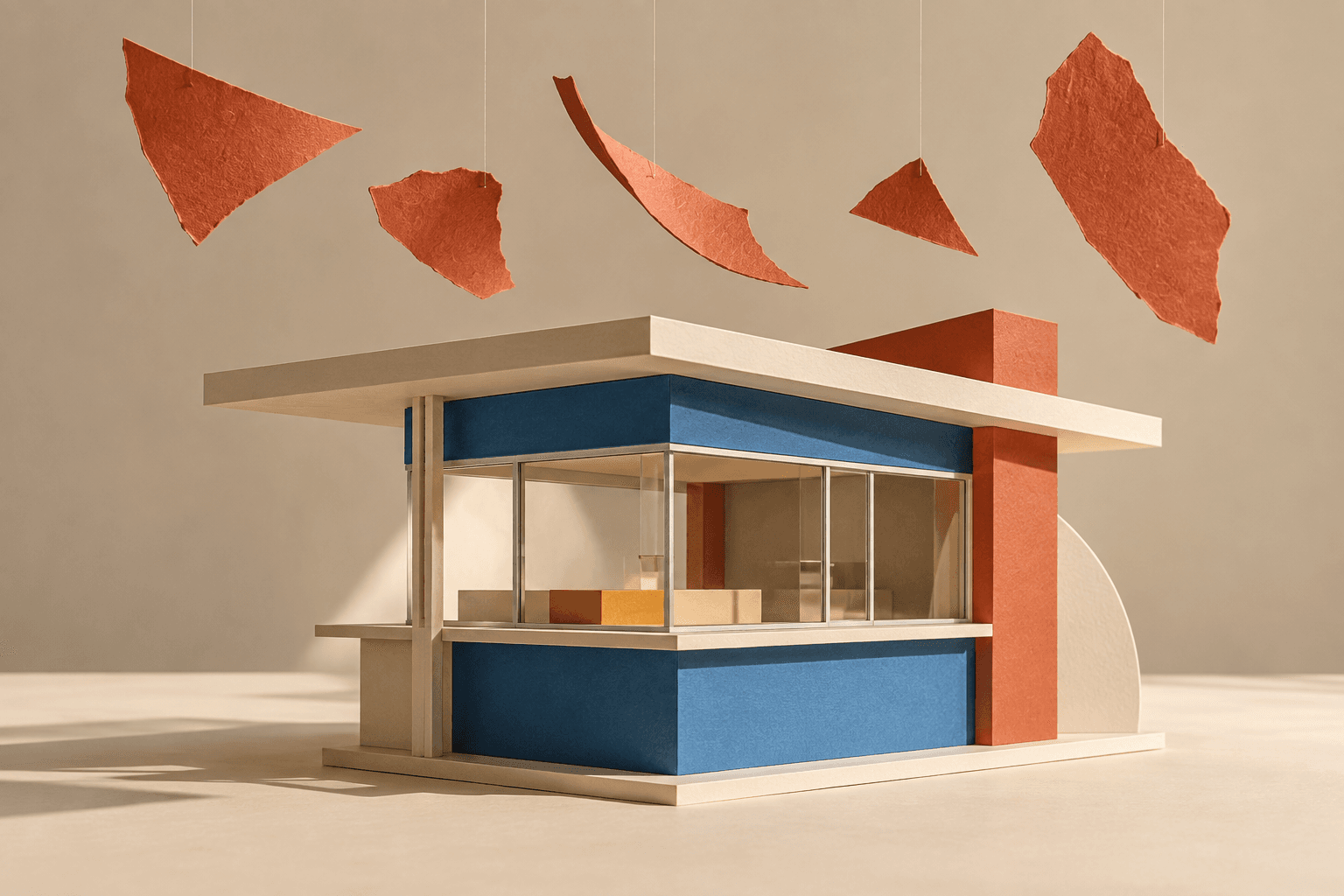 orihinal nga pagtuon sa geometric nga modelo sa kiosk nga adunay gagmayng papel nga nagbitay sa ibabaw niini.