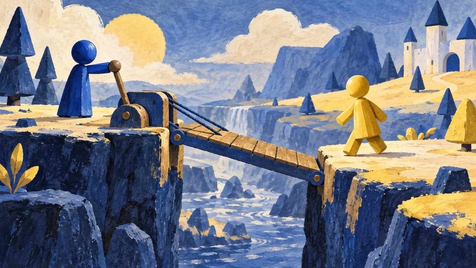 In an imaginary puzzle, a blue toy-like figure operates a lever while a yellow figure approaches the lowered bridge.