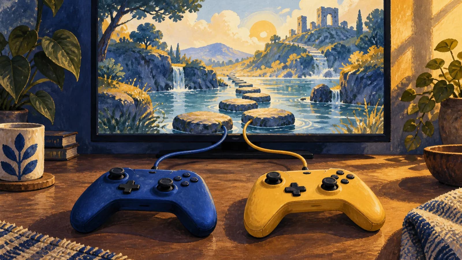 Two differently colored unbranded game controllers face an imagined landscape with stepping stones across a stream.