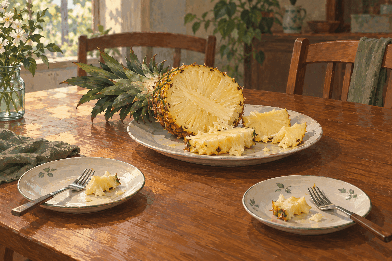 Nanas yang dipotong dan bahagian yang belum dimakan berada di atas pinggan di meja makan yang sunyi.