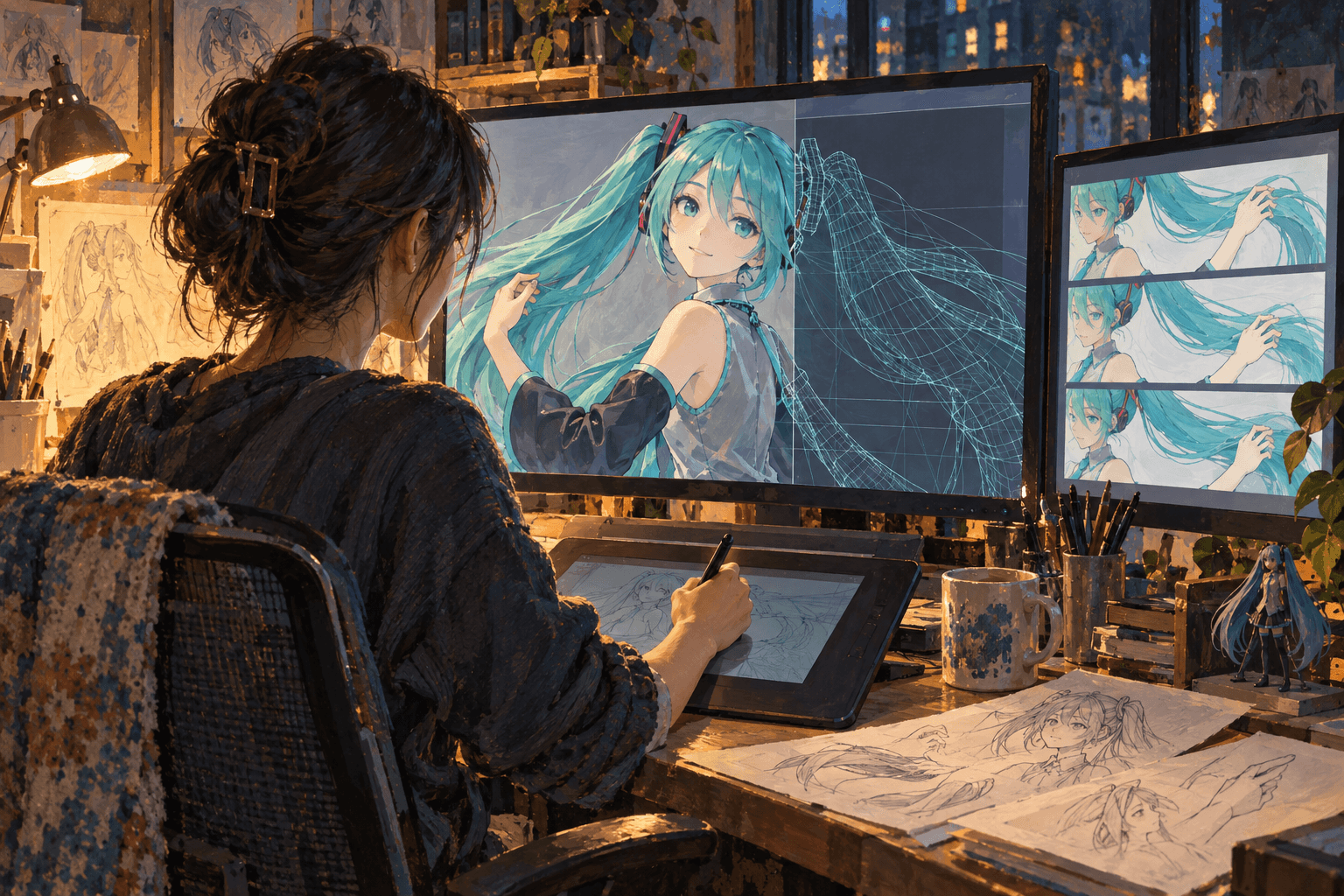 An anonymous animator with a stylus studies Miku on a screen combining painted and wireframe views, beside three drawings of a hand moving through her twin tail.