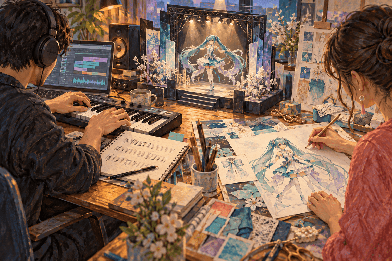 Two anonymous creators work on music and a Miku costume drawing at opposite sides of a table, with a miniature stage between them.