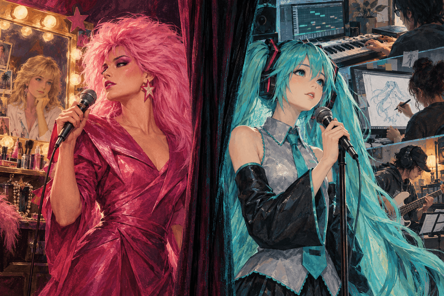 Painted diptych of pink-haired Jem beside a mirror showing blonde Jerrica, and turquoise-haired Miku beside anonymous music-making and animation scenes.