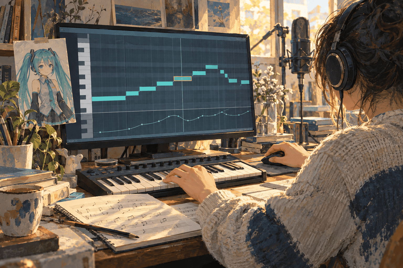 An anonymous songwriter uses a keyboard and mouse beside a screen of turquoise note blocks and a small paper portrait of Miku.