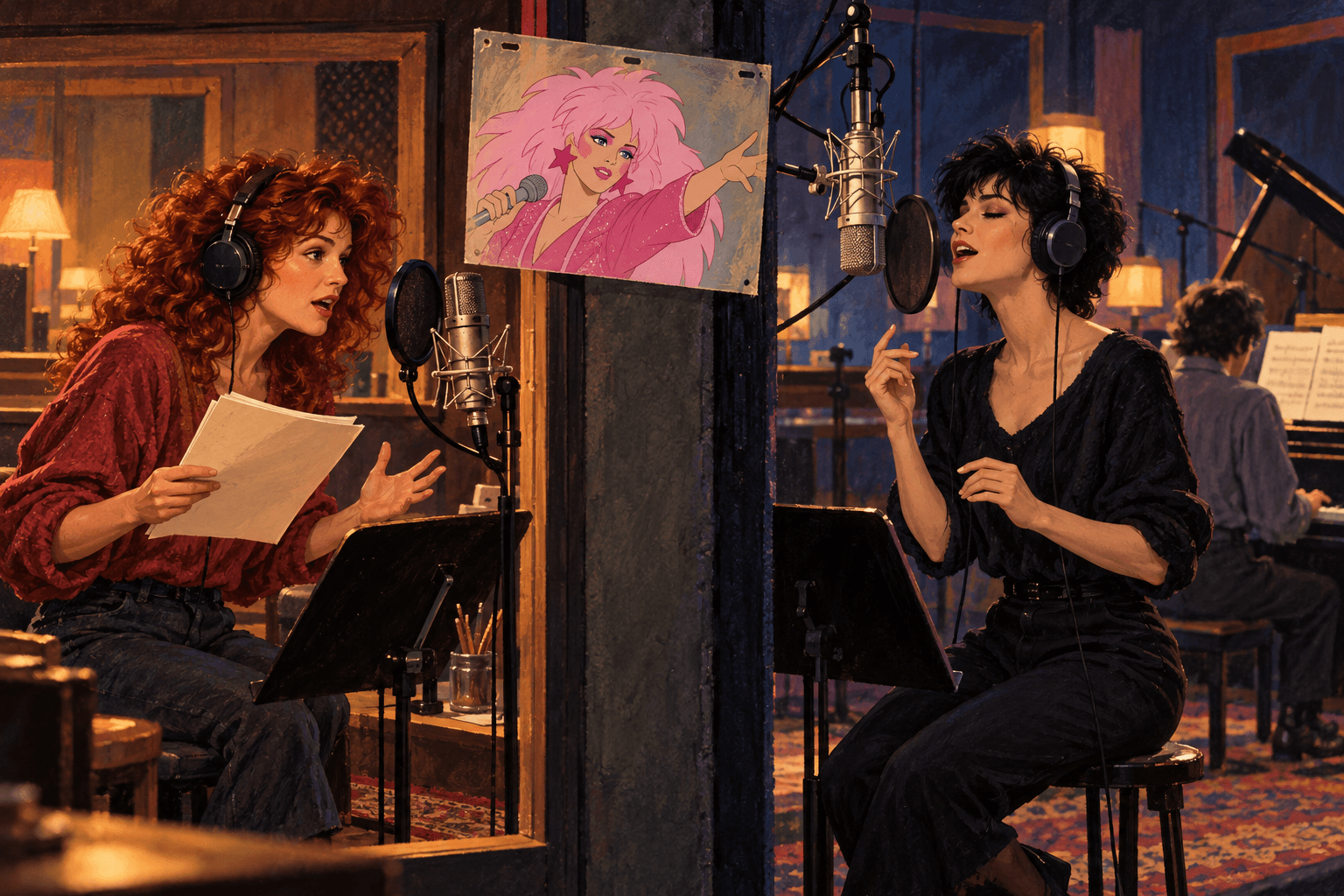Two anonymous women in separate painted recording rooms, one speaking from a script and one singing, with a small illustration of Jem between them.