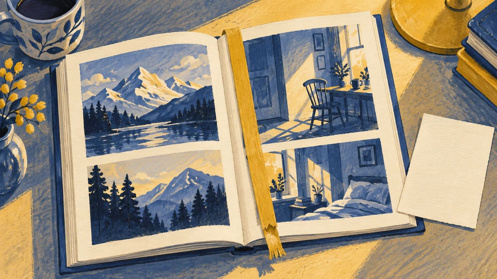 An open imaginary illustrated book with simple landscape panels, a bookmark and a blank note card.