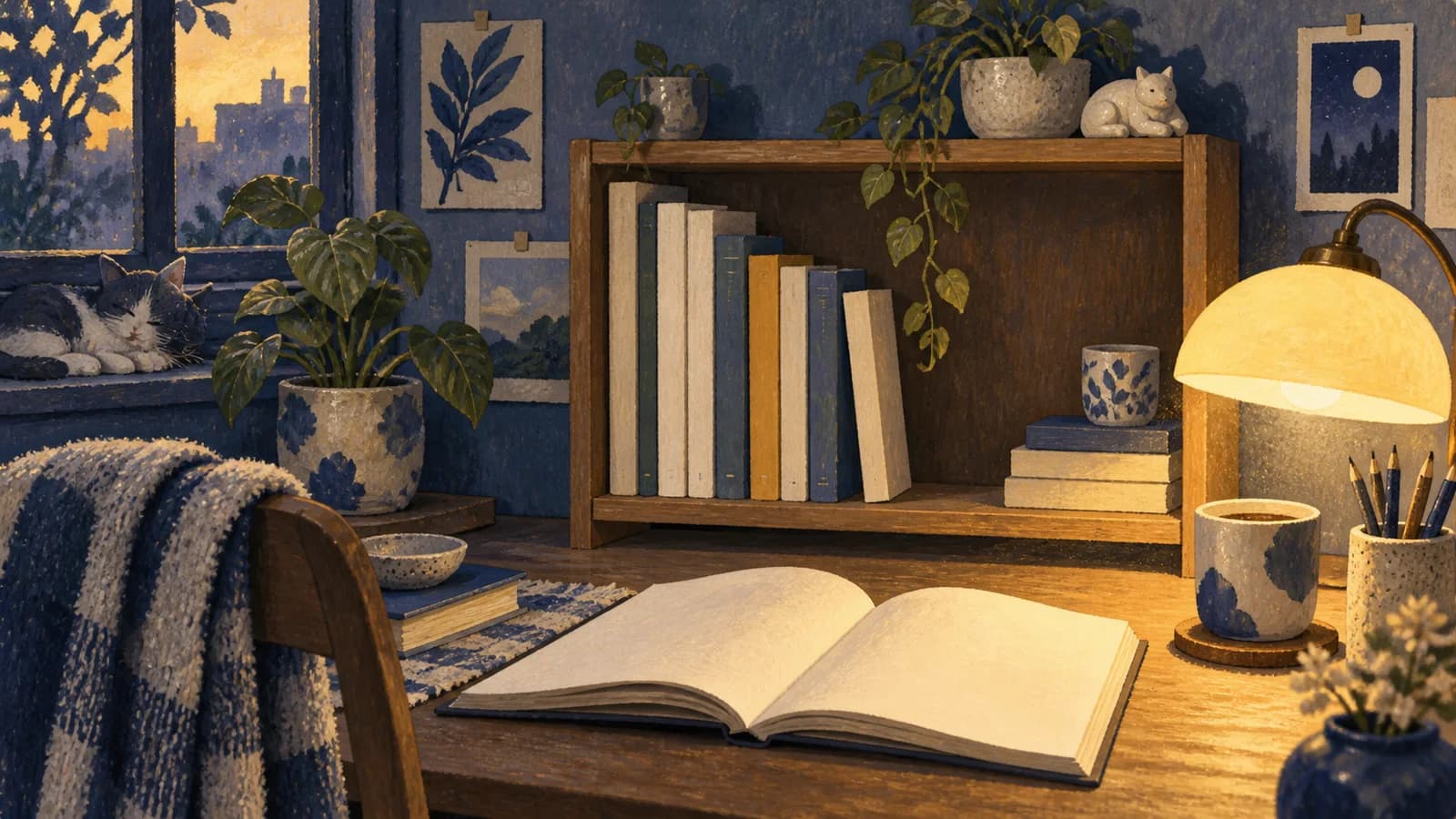 A small shelf of unbranded books with space left open, beside a reading lamp.