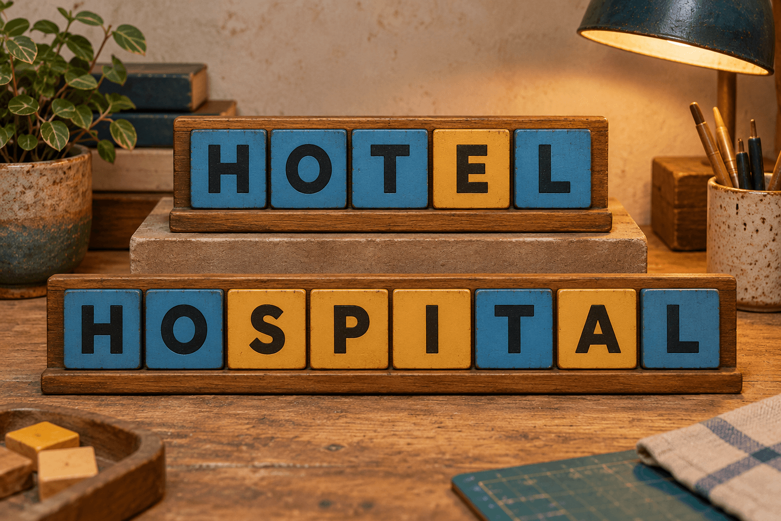 Rajah huruf asli menonjolkan huruf yang dikongsi pada papan HOTEL dan HOSPITAL.