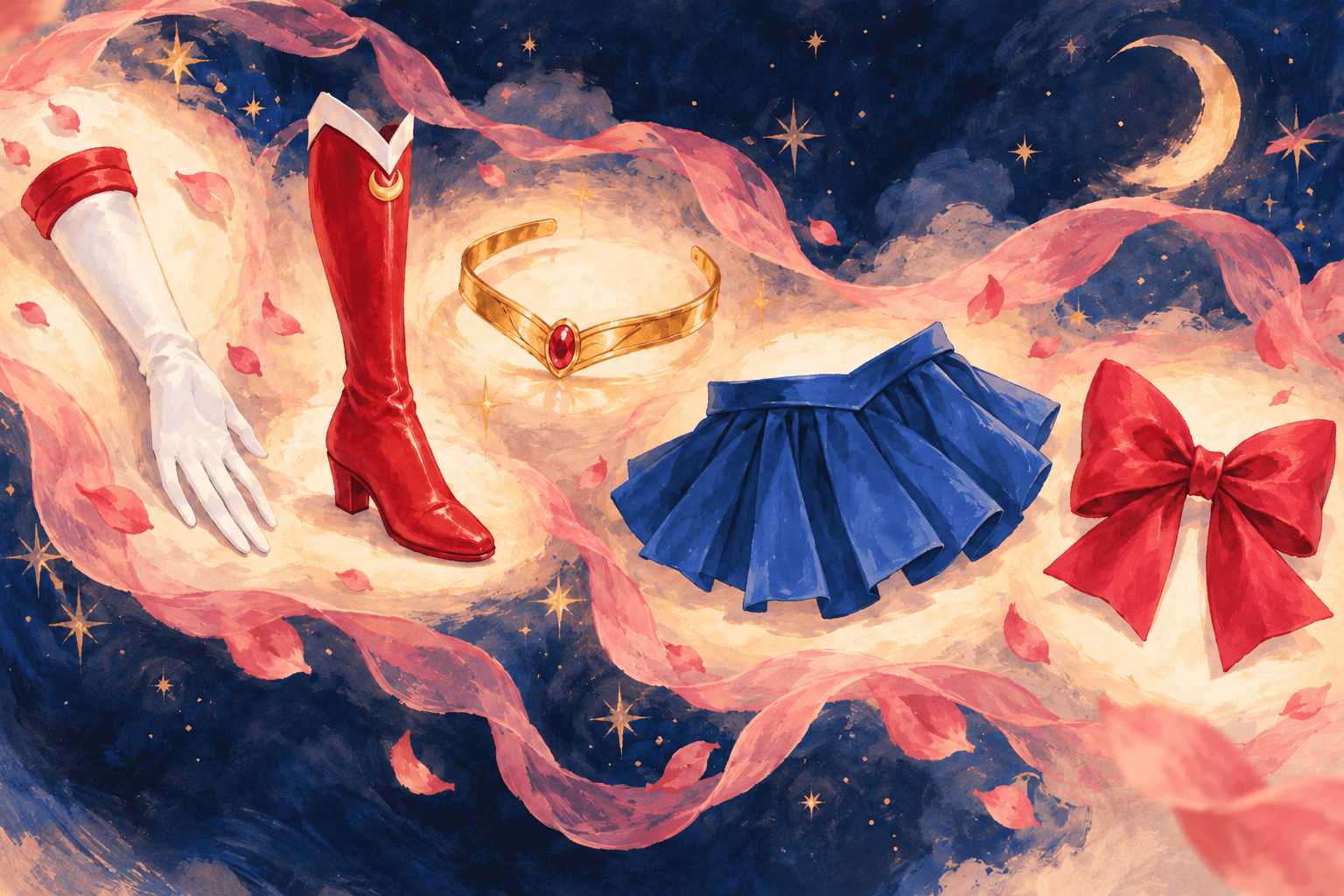 Sarung tangan putih, but merah, tiara emas, skirt biru dan ikatan reben merah berada dalam sorotan cahaya yang berasingan.