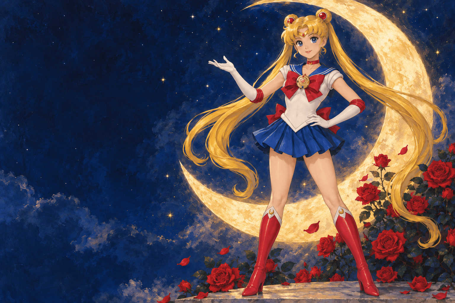 Sailor Moon berdiri dengan sebelah tangan bersarung di pinggang dan sebelah lagi terbuka di hadapan bulan sabit emas dan mawar merah.