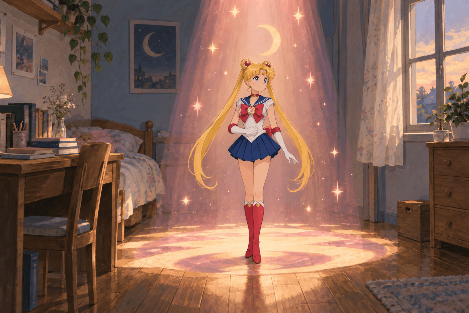 Sailor Moon berkostum lengkap berdiri dalam sorotan cahaya lembut di bilik tidur rekaan, antara meja dengan tingkap.