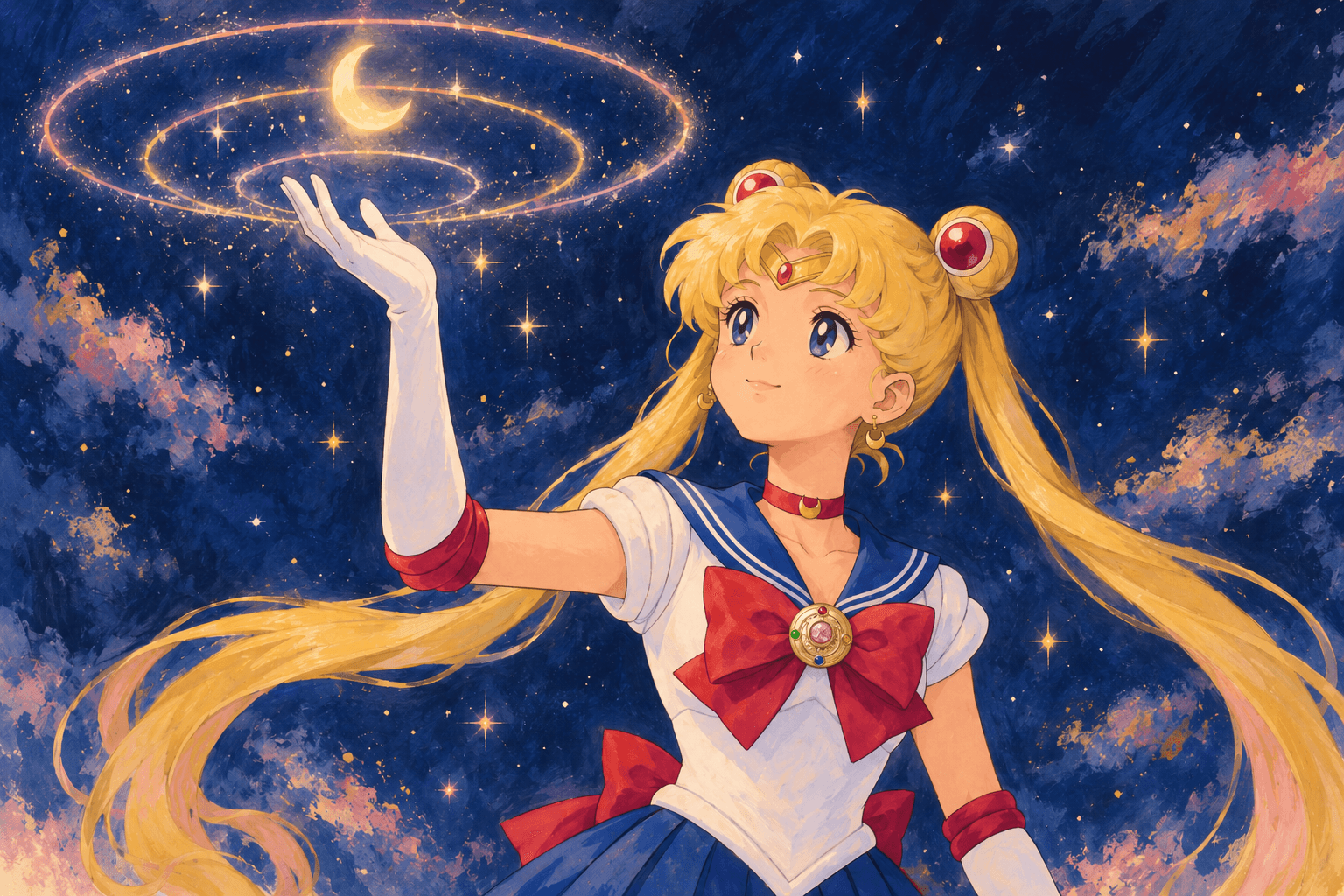 Sailor Moon mengangkat tangan bersarung dengan tapak terbuka di bawah bulan sabit dan lingkaran cahaya yang mengembang.