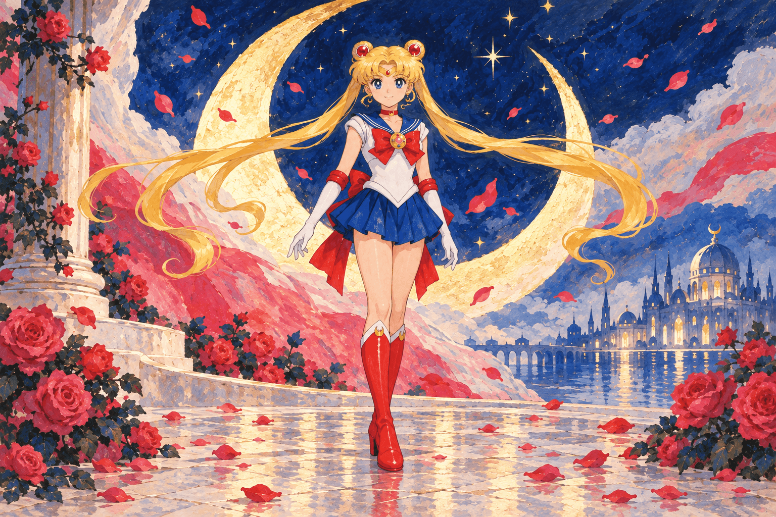 Sailor Moon berseragam putih, biru dan merah berdiri di hadapan bulan sabit emas, mawar merah dan istana biru rekaan.