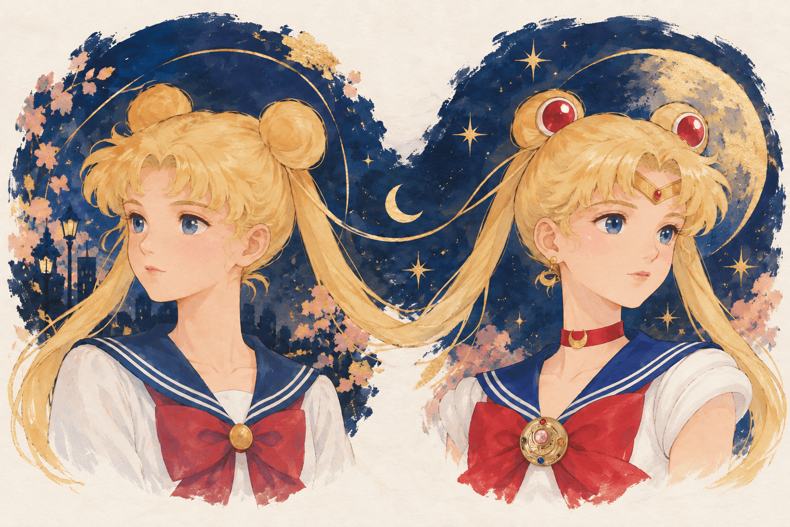 Dua potret berlukis menunjukkan Usagi dengan sanggul tanpa hiasan dan blaus sekolah, serta Sailor Moon dengan tiara dan hiasan sanggul merah.