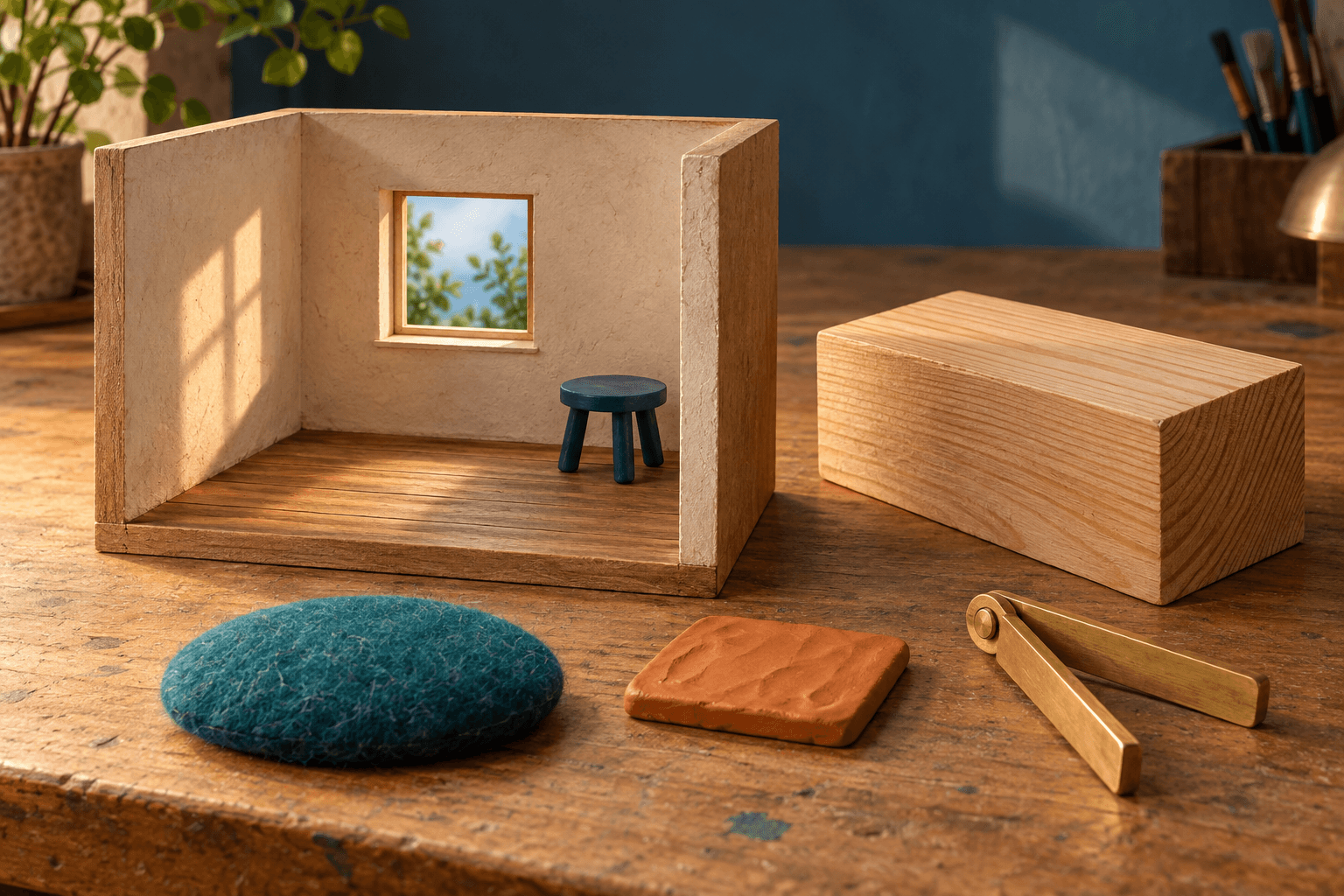 Ilustrasi alam benda bengkel asli menggabungkan bilik miniatur, kayu, felt, tanah liat dan sendi boneka biasa.