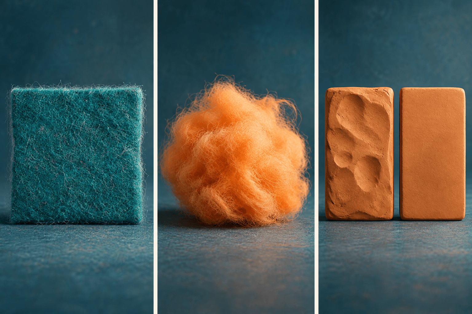Tiga panel kajian bahan asli membandingkan gentian felt, gumpalan kapas jingga dan tanah liat yang dilicinkan pada tahap berbeza.