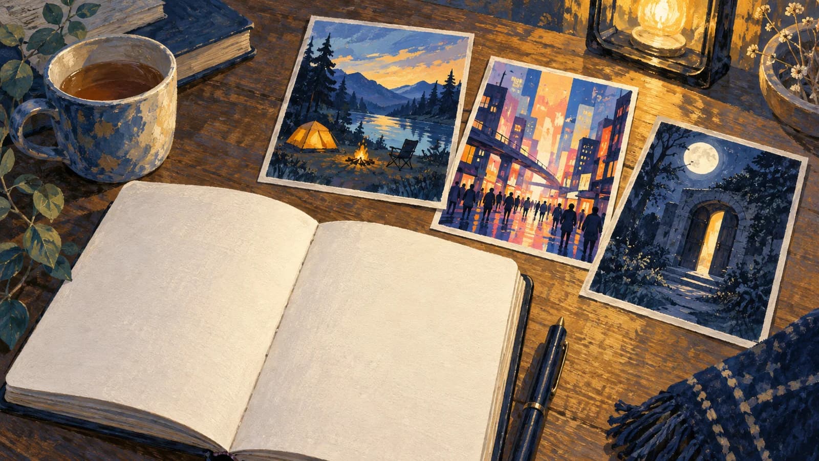 A blank notebook and three illustrated cards showing a campsite, a city and a moonlit doorway.